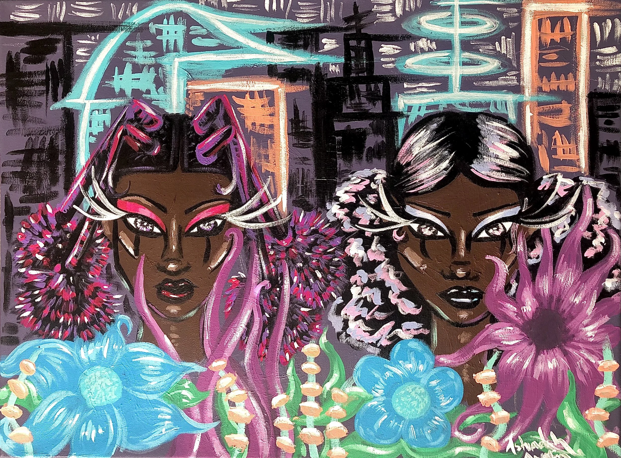 Colorful graffiti art depicting two women with headdresses and large flowers, set against a city skyline with neon signs and skyscrapers.