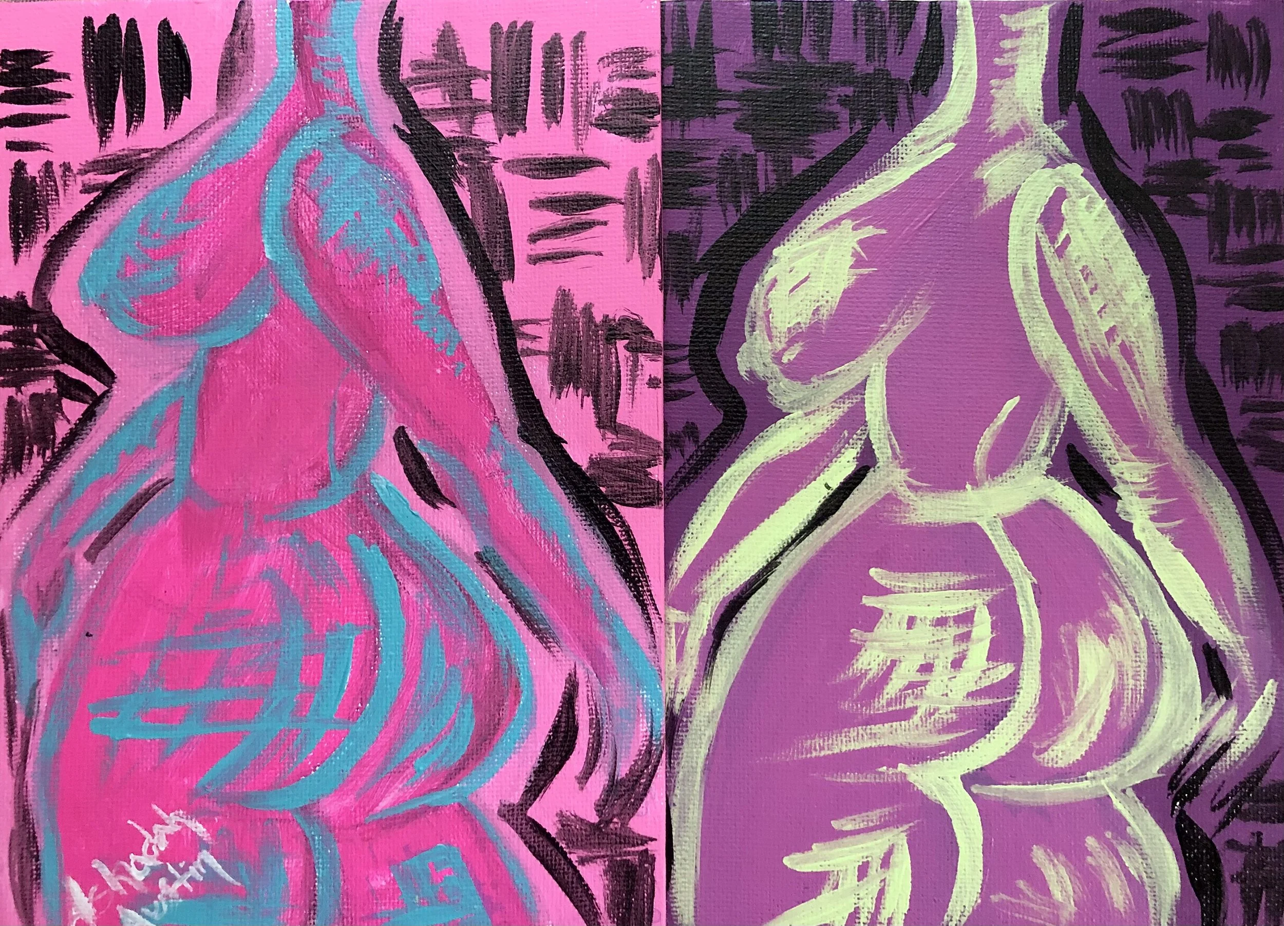 Artistic painting of two women from behind, one in pink and blue tones on the left, and the other in yellow and purple tones on the right, with abstract backgrounds.