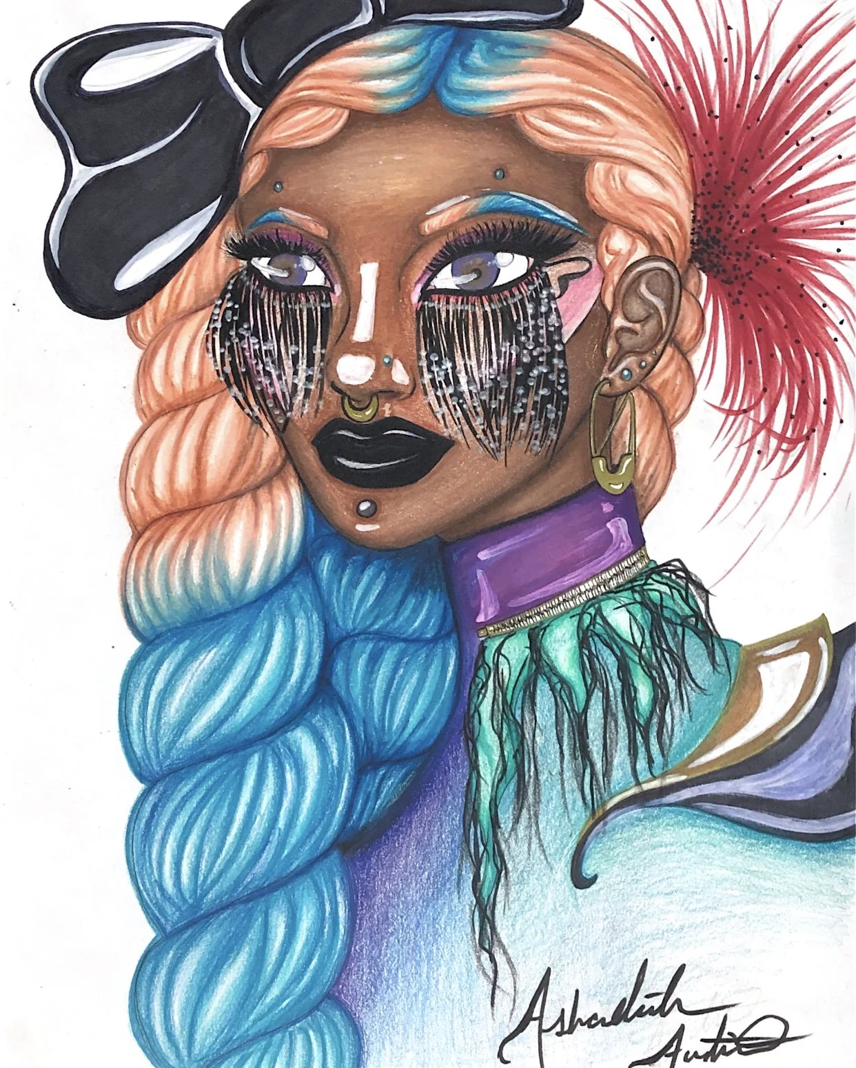 A colorful illustration of a woman with peach hair styled in a braid, blue tips, and a large black and white bow. She has purple eyes, black lipstick, and multiple facial piercings. Her makeup includes vibrant purple eyeshadow and eyelashes with deco