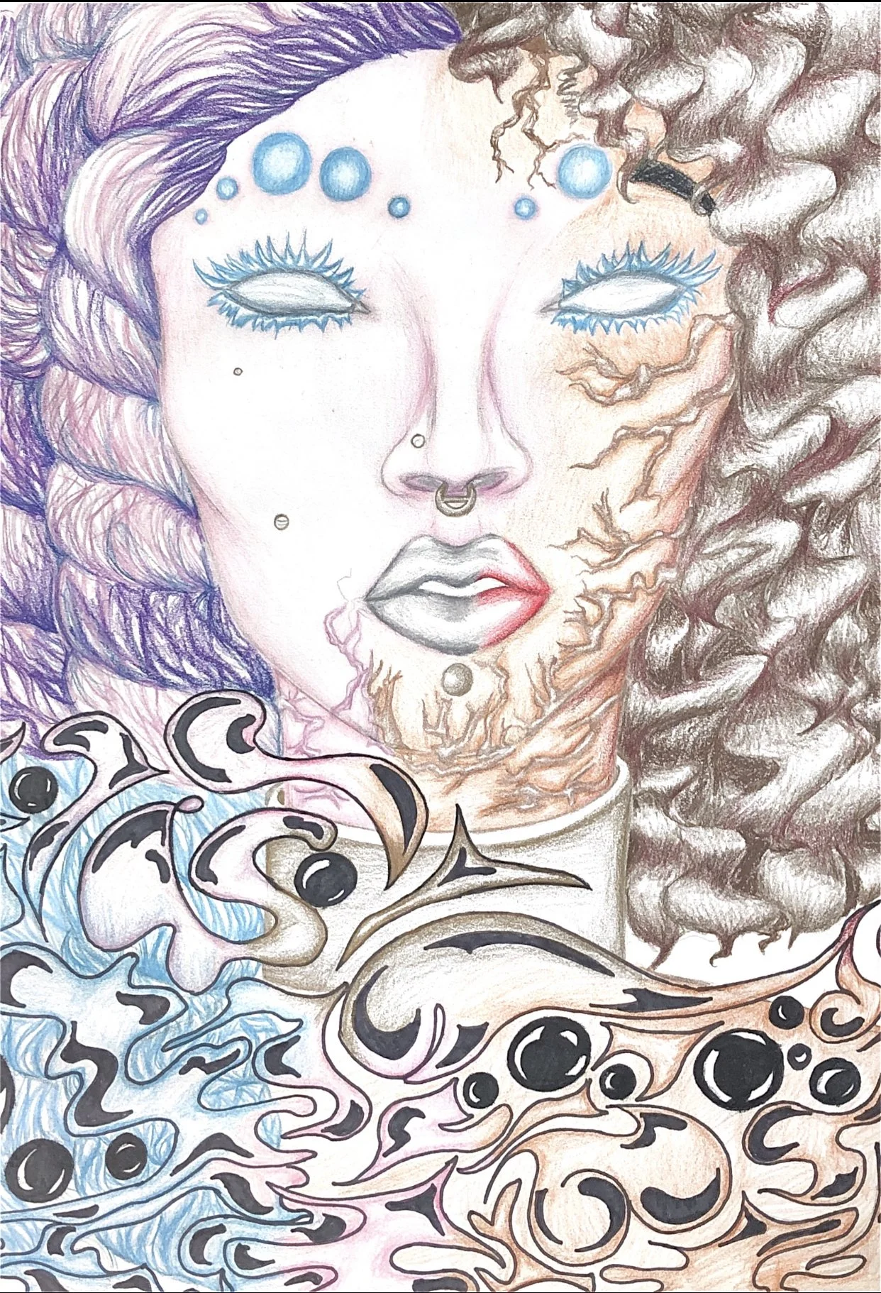 A surreal illustration of a woman's face divided into two halves, one with natural features and the other with abstract, flowing patterns, using pastel colors and intricate details.