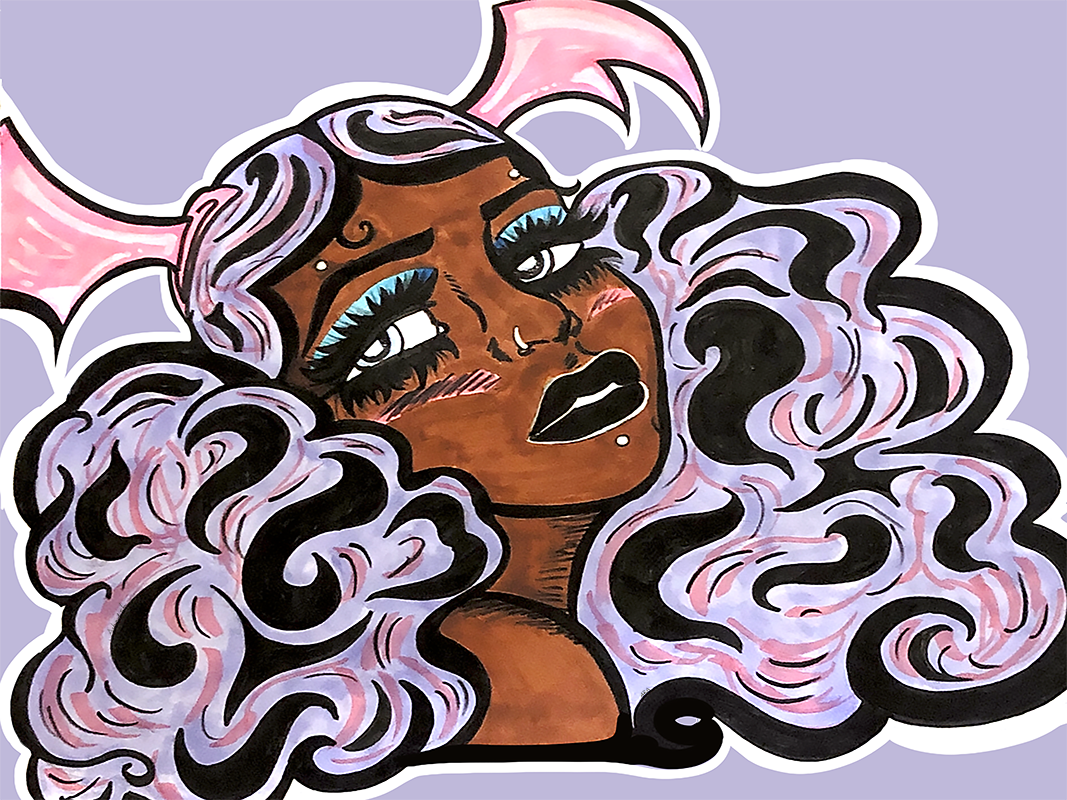 Stylized artwork of a dark-skinned female with large blue eye makeup, black lipstick, and voluminous curly hair with pink and purple highlights. She has pastel pink bat-like wings on her head and a small beauty mark near her lip.