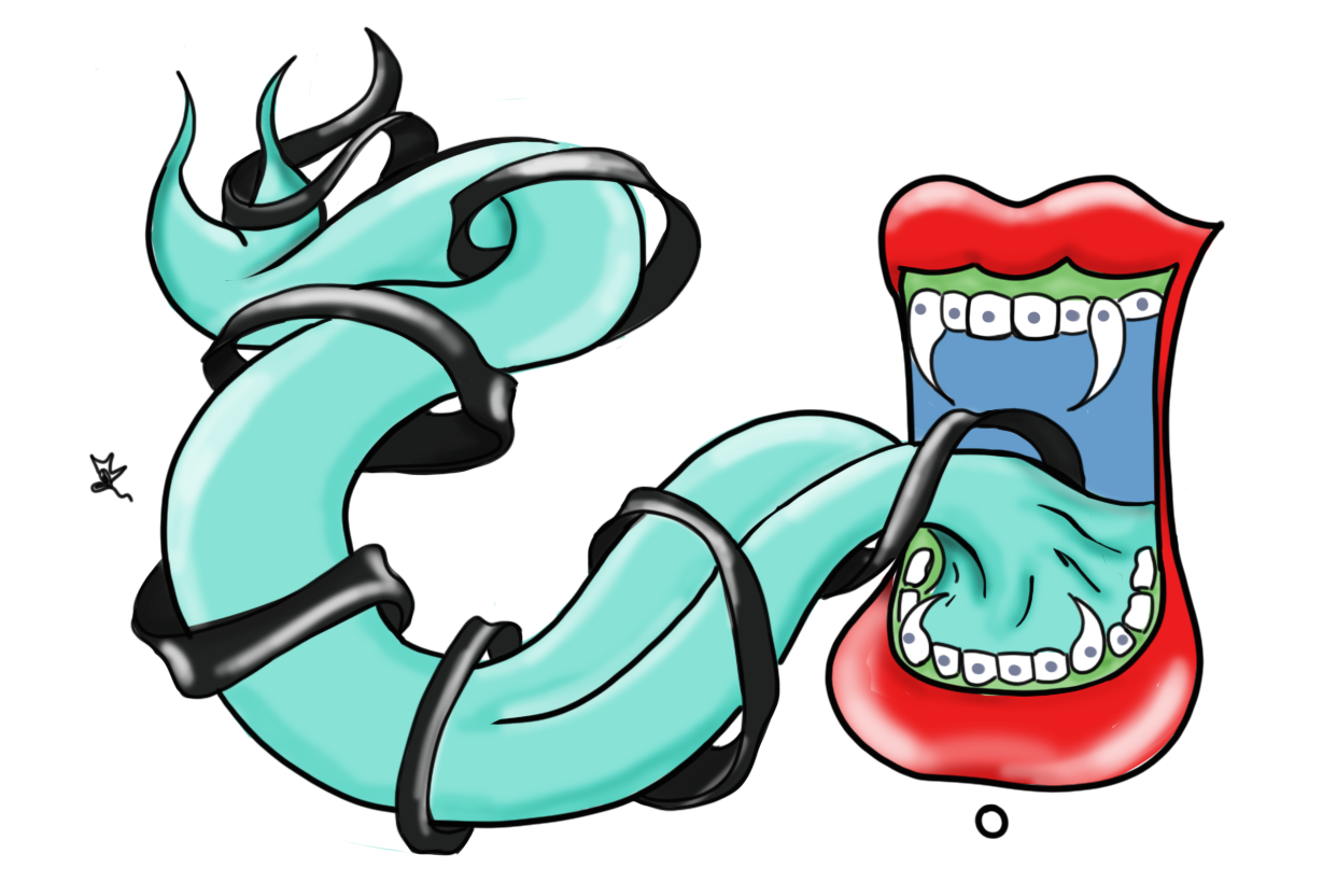 Cartoon of a large open mouth with blue tongue and teeth, with black tentacles wrapped around a turquoise object.