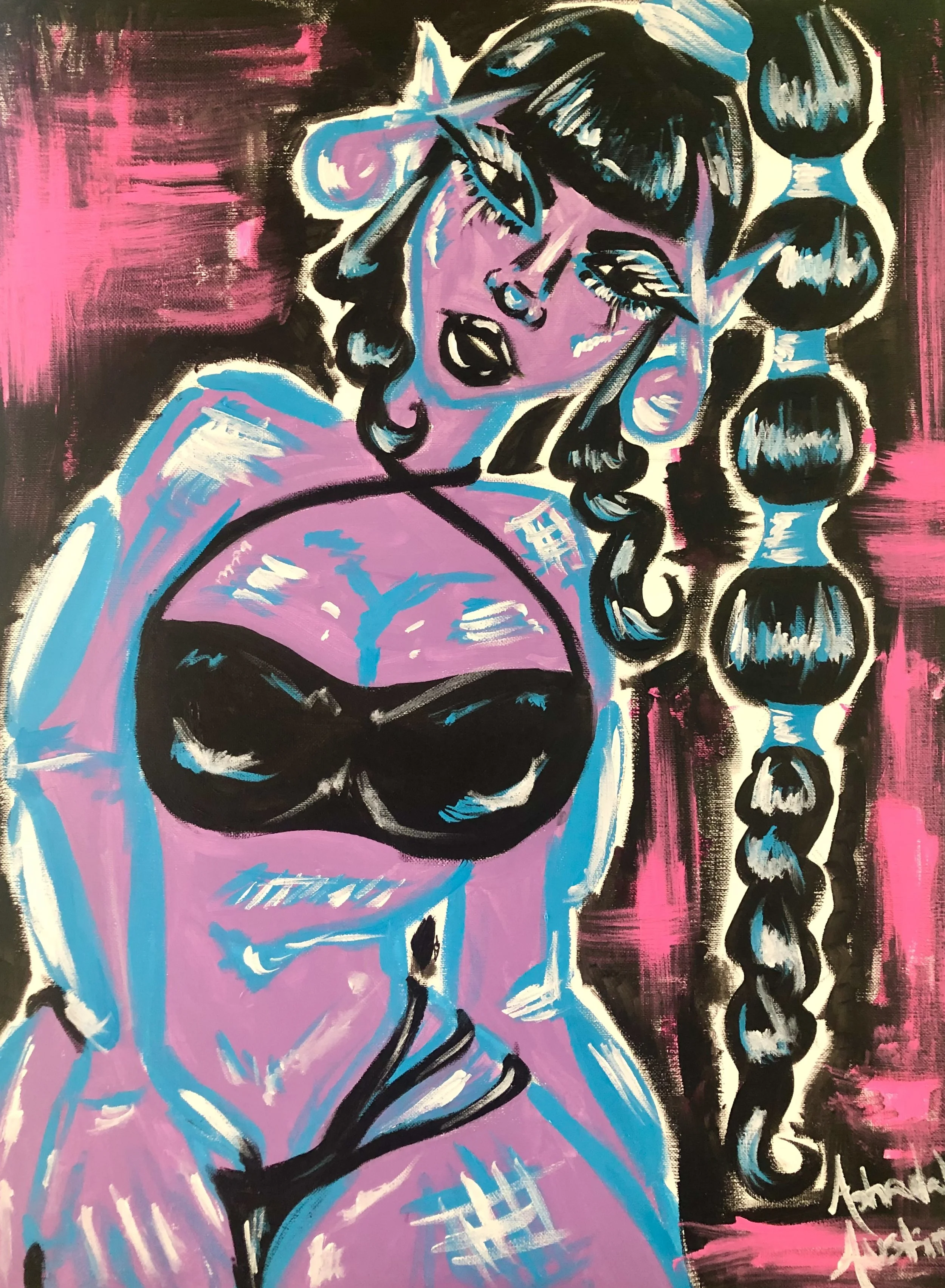 An abstract portrait of a woman with glasses, dark hair, and a braid, painted in black, pink, blue, and white. The background is pink with streaks of black.