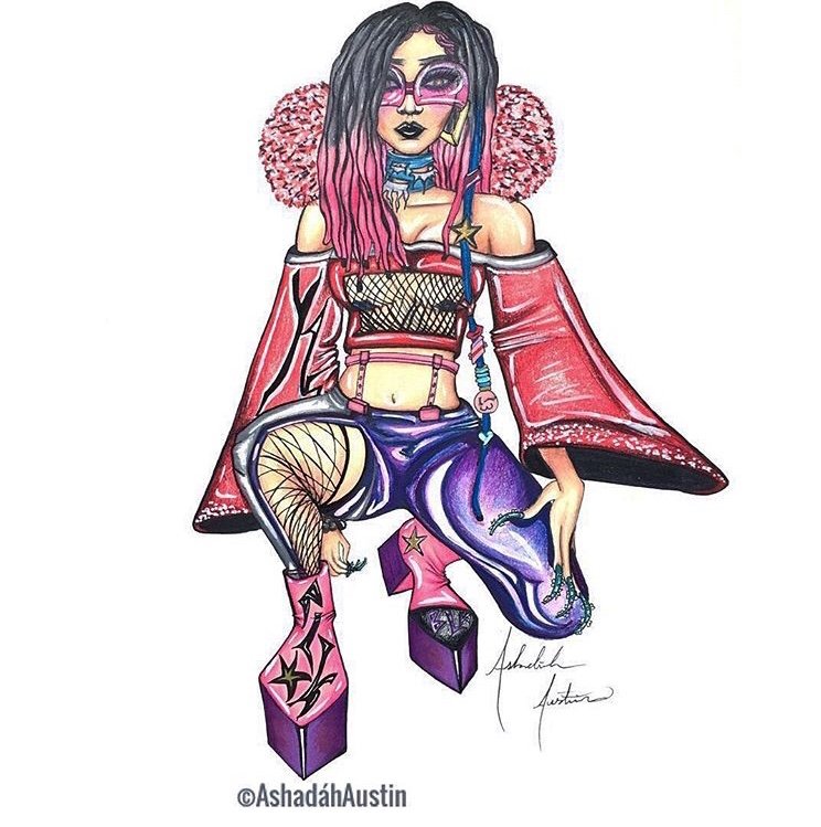 Colorful illustration of a fashionable woman with pink and black hair, wearing sunglasses, a fishnet top, a red off-shoulder jacket with pink fluffy shoulders, purple patterned pants, and pink high heels with star designs, sitting in a stylish pose.