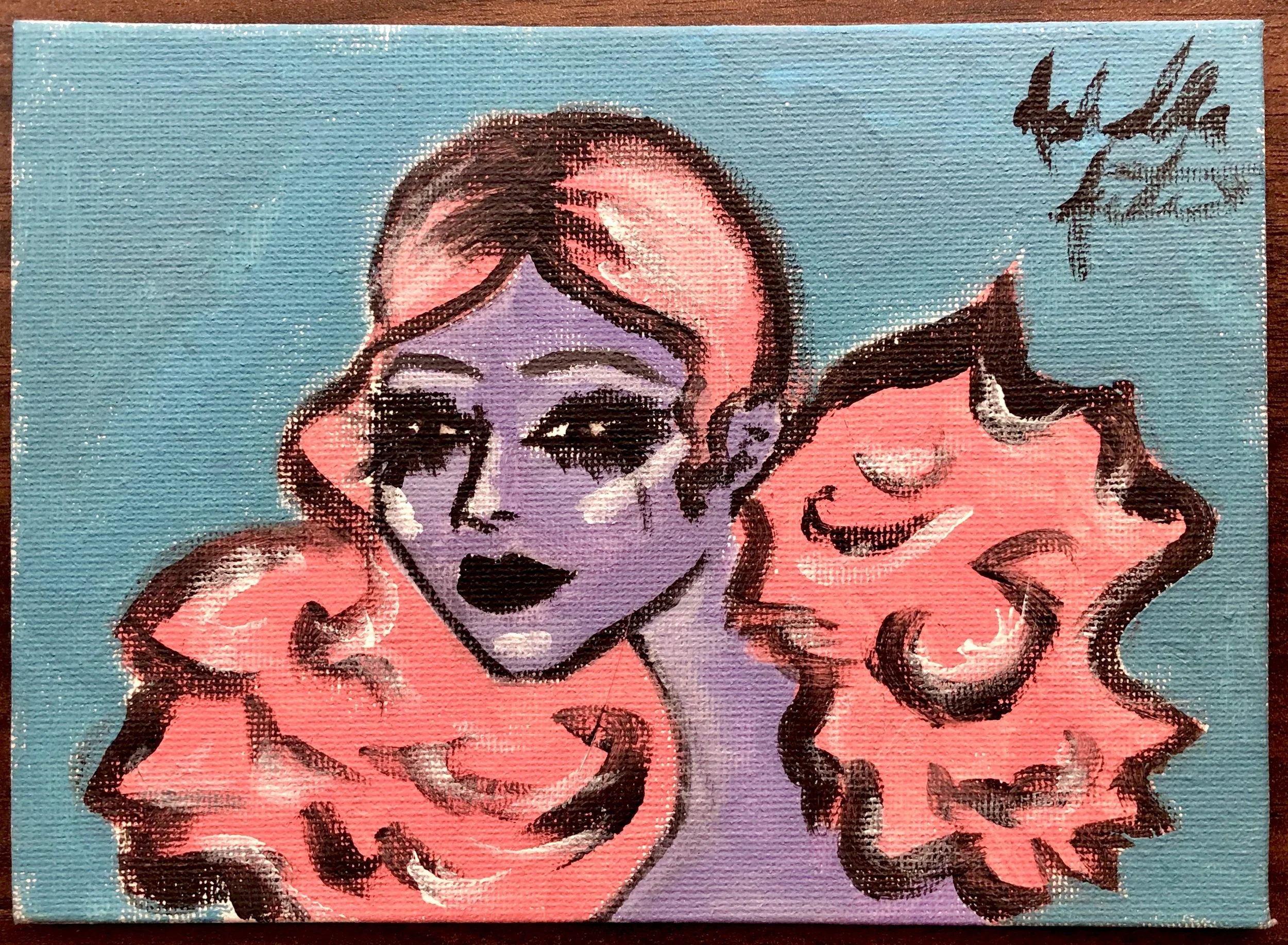 Painting of a woman with stylized makeup and pink flowers around her shoulders, against a blue background.