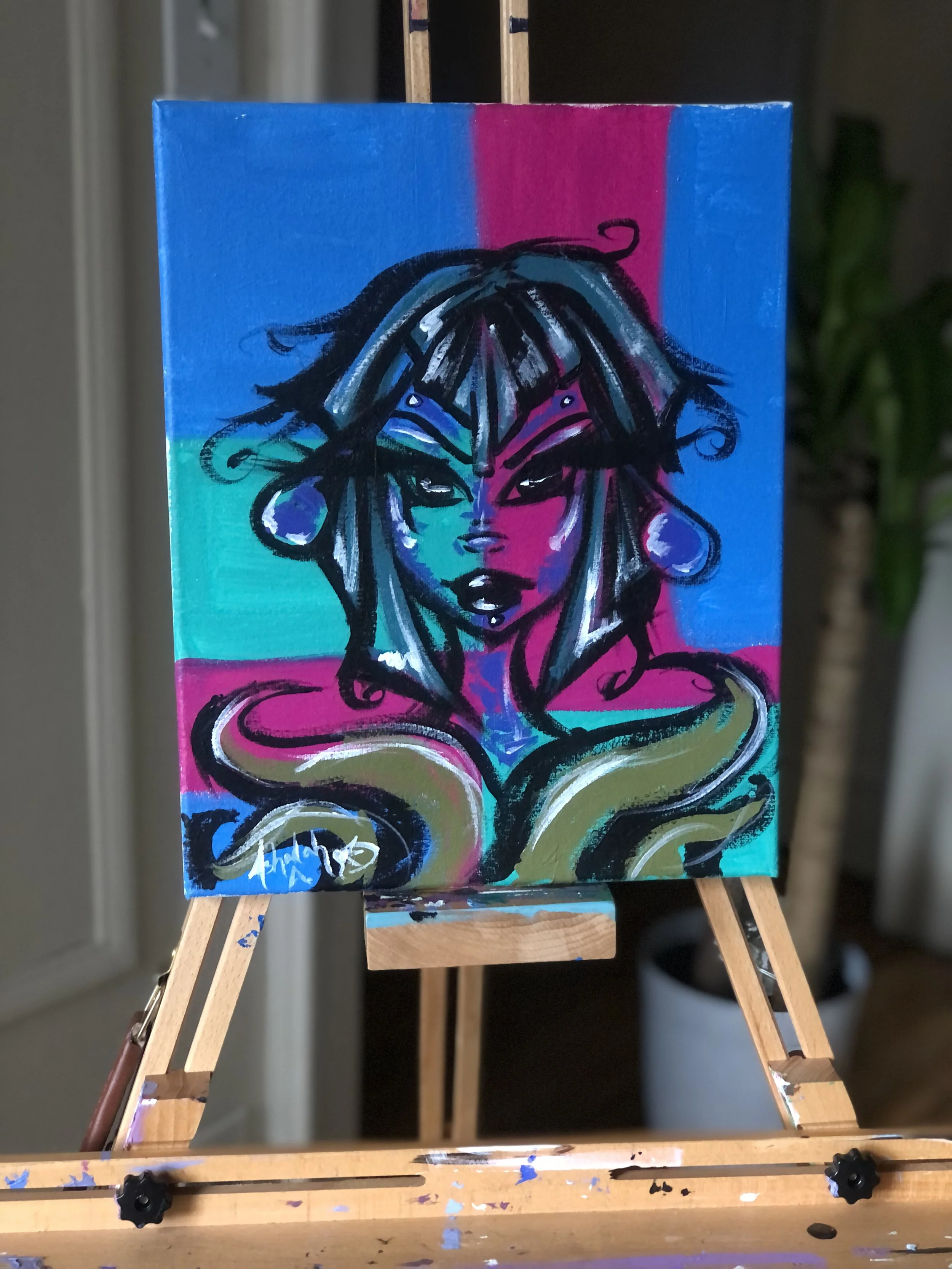 Abstract painting of a woman with dark hair, large earrings, and a snake around her shoulders, using bold brushstrokes and vibrant colors.