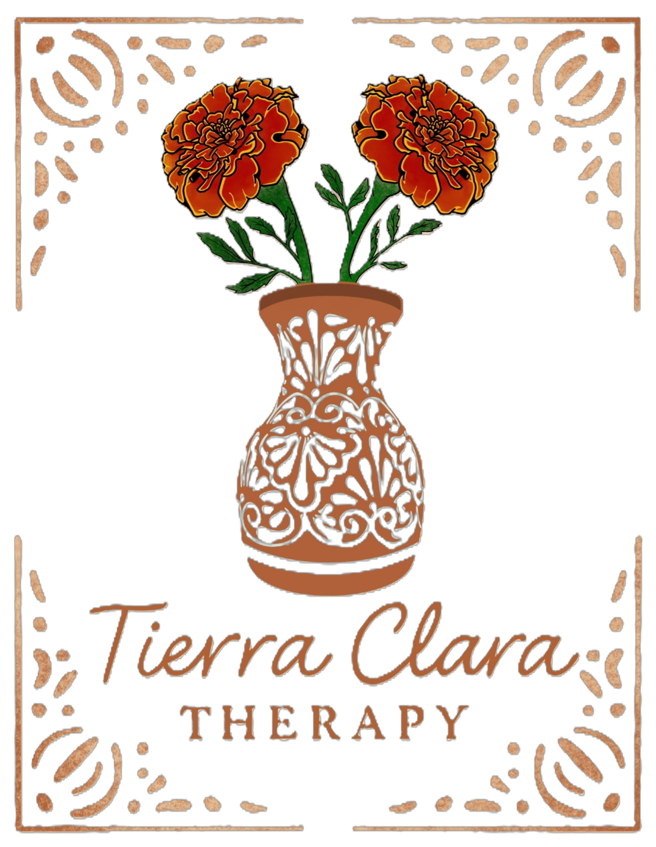 A decorative logo for Tierra Clara Therapy featuring a stylized vase with orange flowers and green leaves, with the business name beneath.
