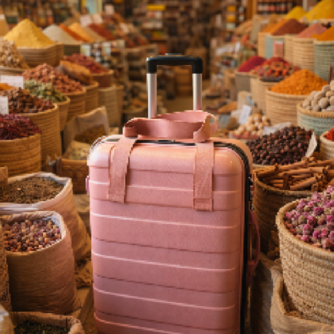 pink hardshell suitcase located in a spice store