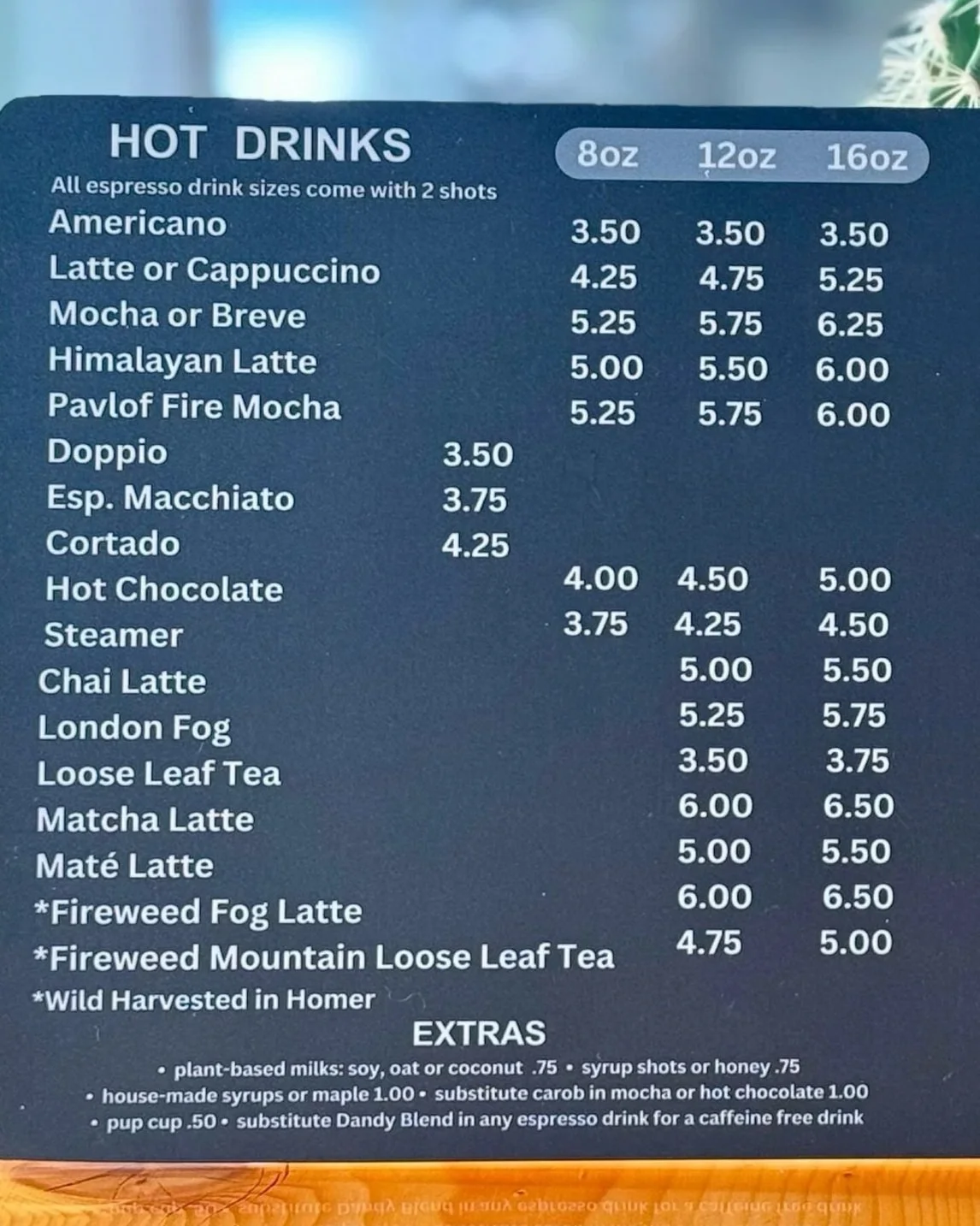 A menu of hot drinks with prices listed for different sizes, including espresso, lattes, mochas, teas, and specialty drinks on a blue background.