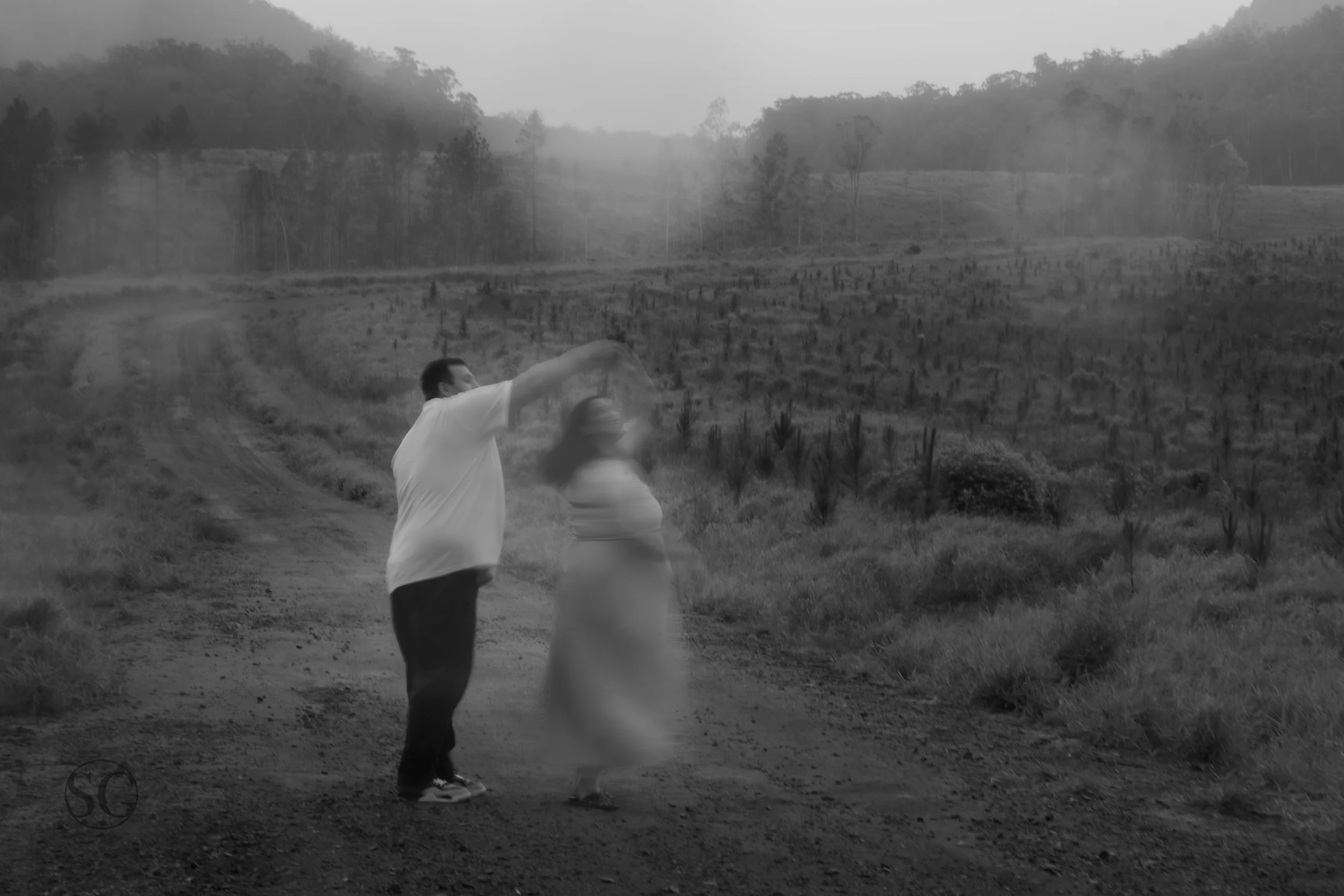 A person in a white shirt swinging an object at a dog in a rural outdoor area with foggy trees and hills in the background.