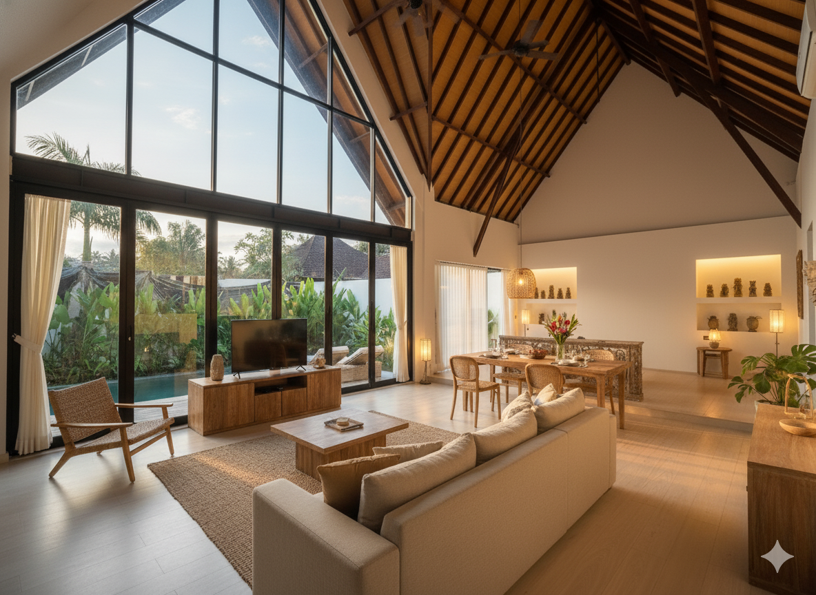 Spacious living and dining area with large glass windows showing outdoor greenery, wooden furniture, beige sofa, armchair, and decorative shelves with plants and lamps.