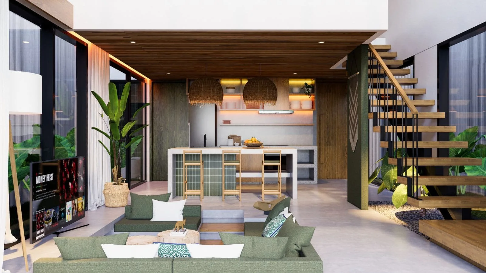 Modern open-concept living room and kitchen with green couches, large television, potted plants, staircase, and contemporary decor.