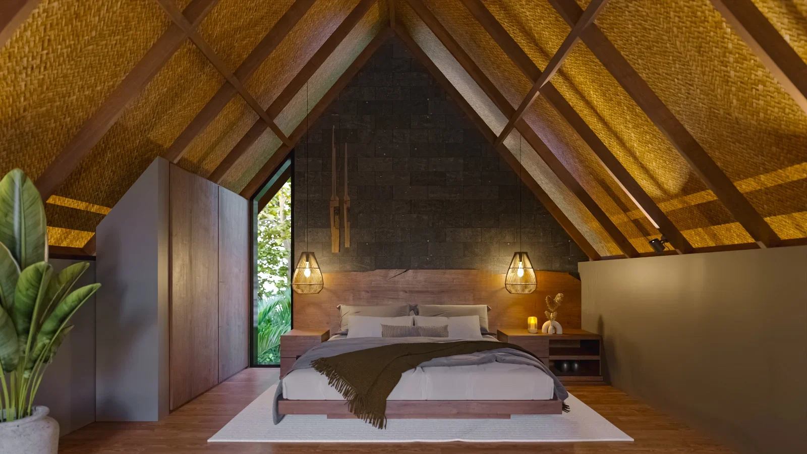 A cozy bedroom with a wooden bed frame, gray and white bedding, and decorative pillows. Two hanging pendant lights flank the headboard, with a small nightstand on each side. The room has angled, woven straw or rattan ceiling panels, a dark stone wall