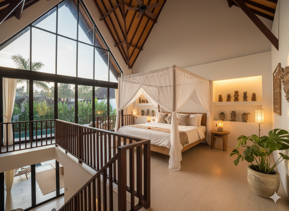 A bedroom with a four-poster canopy bed, lit by bedside lamps, featuring decorative shelves and a large window overlooking a pool and lush greenery.