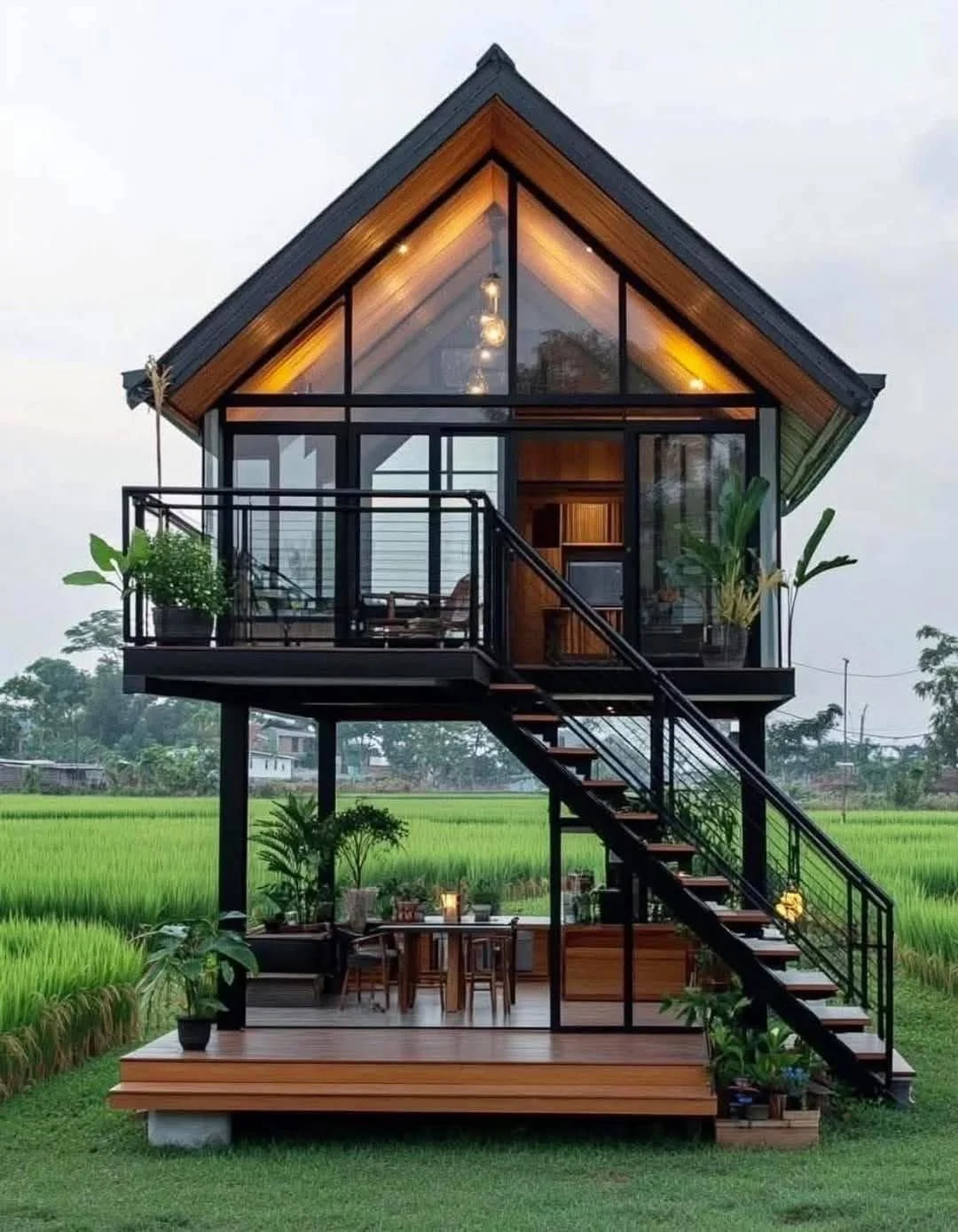Modern two-story house with glass walls, located in a green field, featuring an outdoor dining area, balcony, and wooden staircase.