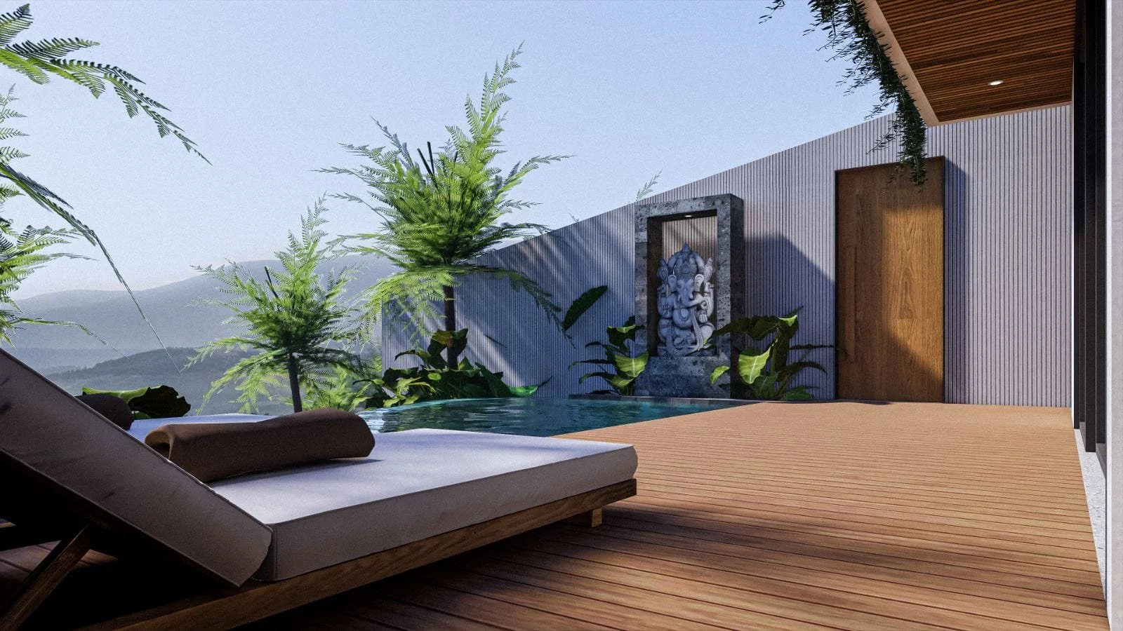 A modern outdoor terrace with a lounge chair, lush green plants, and a decorative stone sculpture, overlooking a mountain landscape.