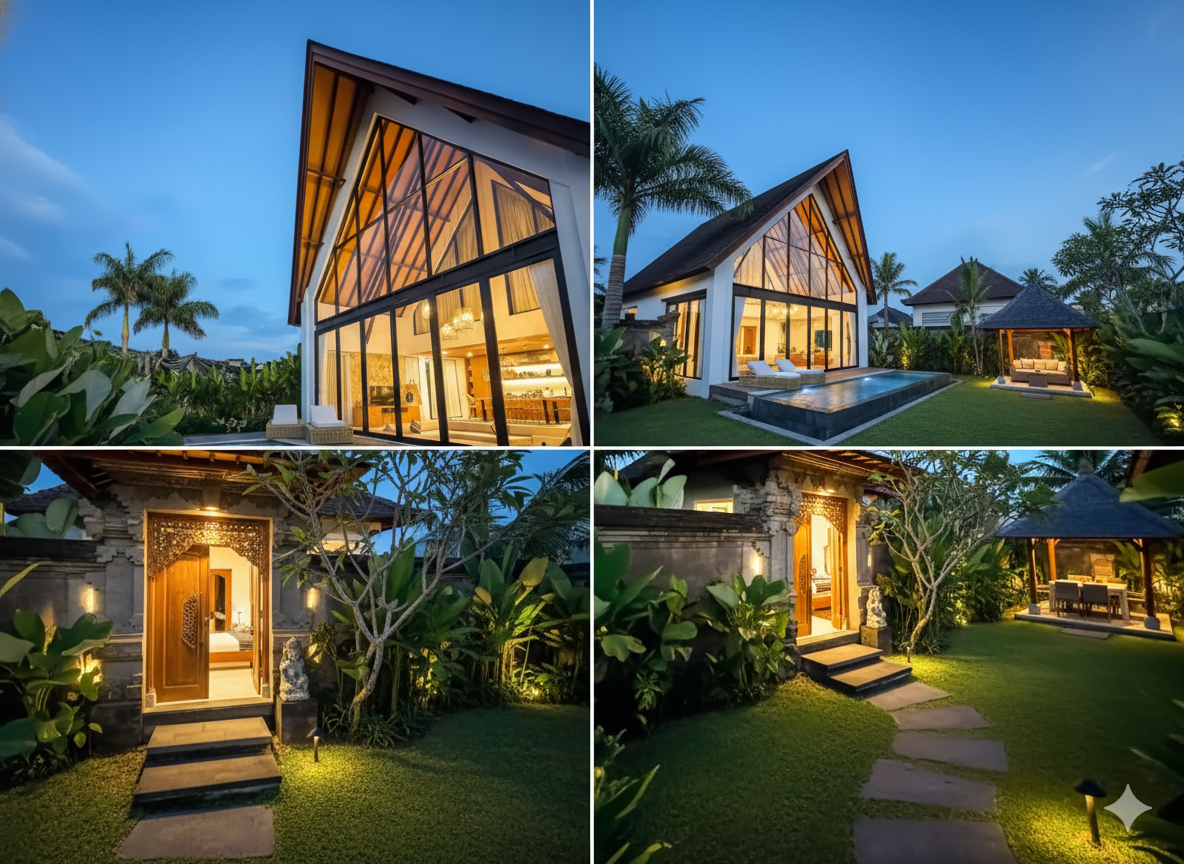 A modern house with glass walls and a steep roof surrounded by lush tropical landscaping, visible both during sunset and after dark with outdoor lighting.