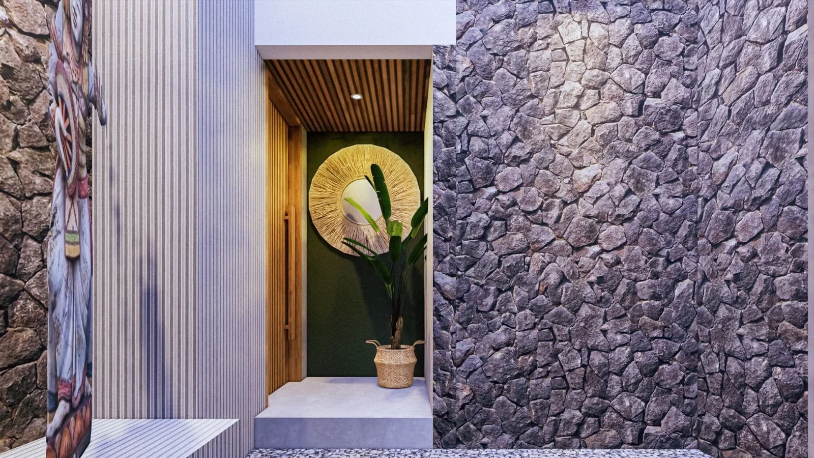 Interior space with a green wall, a circular decorative wall art, a potted plant, and various textured wall surfaces including stone and wood.