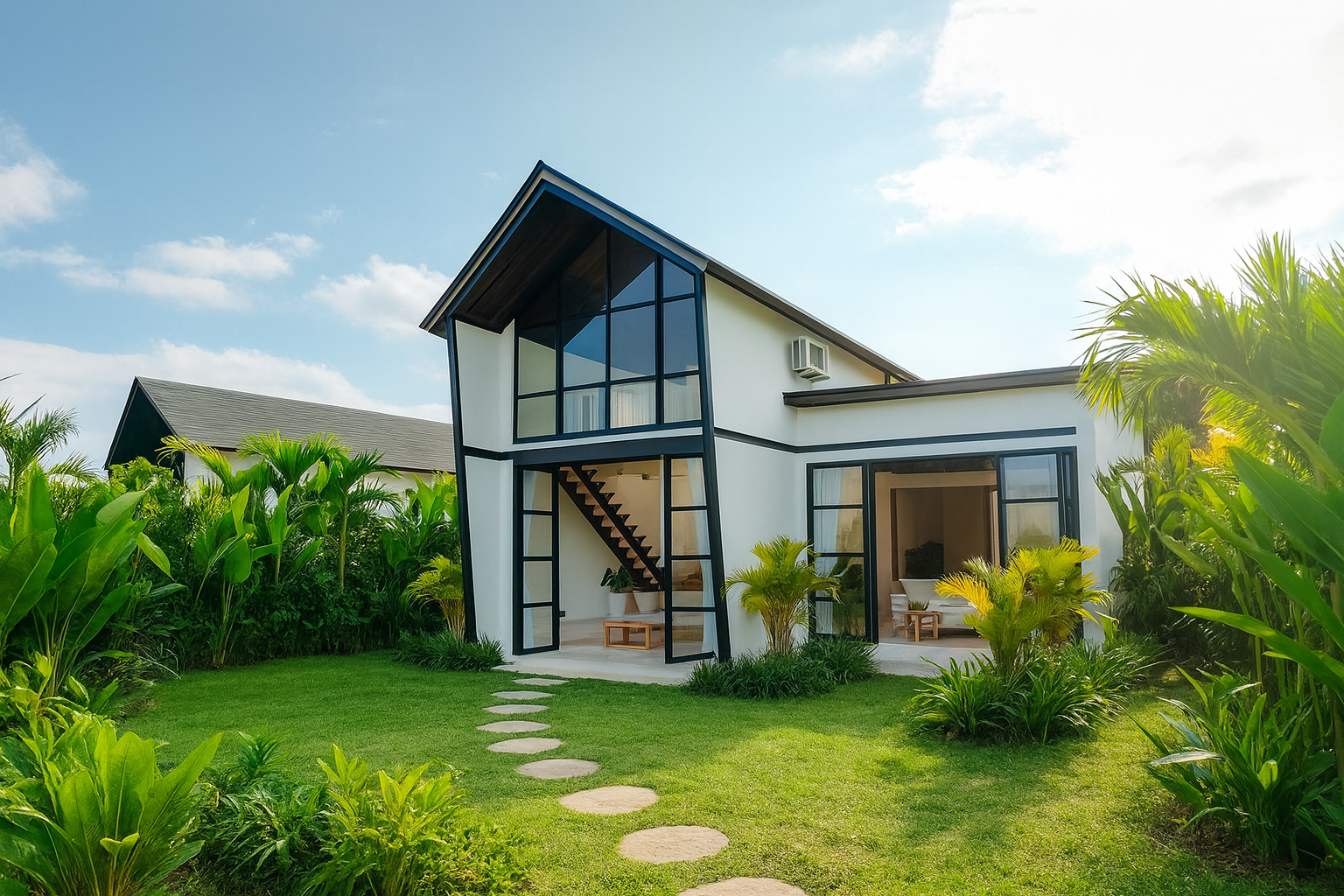 Modern white house with black trim, large glass windows, surrounded by lush green plants and a well-manicured lawn with stepping stones.
