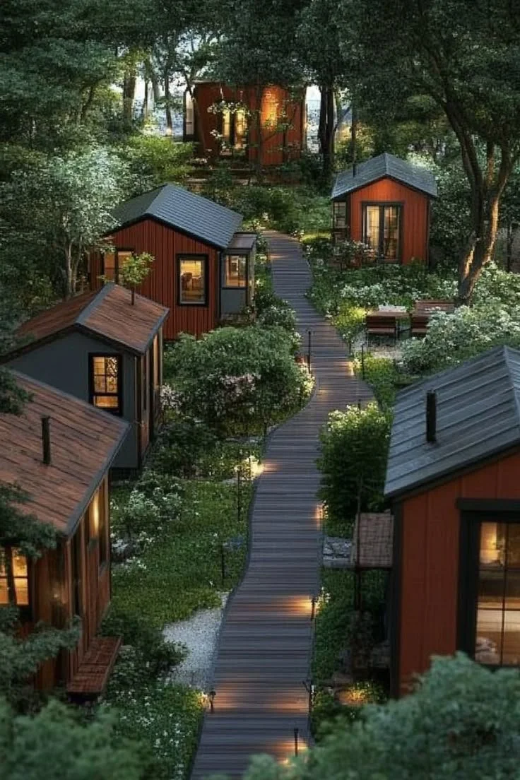 A scenic view of a winding wooden pathway through a wooded area with small red cabins and outdoor seating, illuminated by low-level lights at dusk.