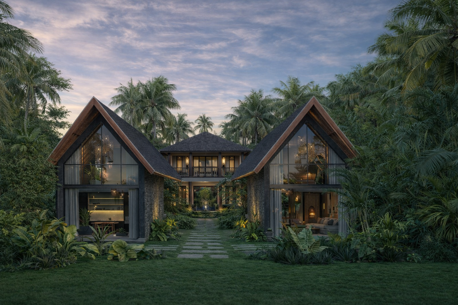 A modern house with A-frame roof and large glass windows, surrounded by lush tropical greenery and tall palm trees, during dusk.