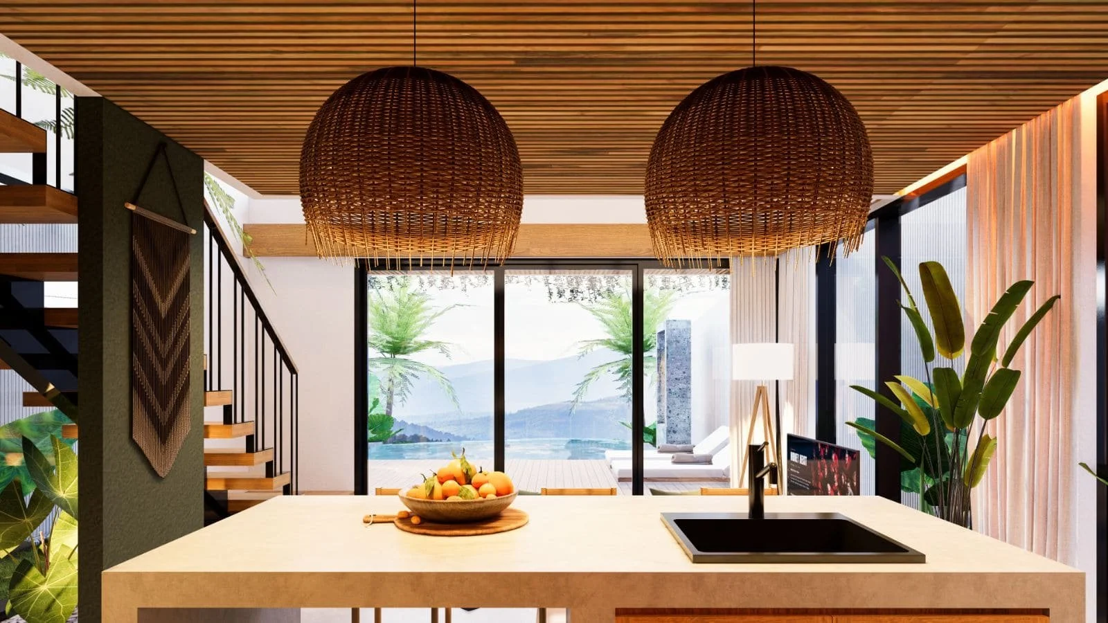 Modern kitchen with large island, hanging woven pendant lights, green plants, sliding glass doors opening to outdoor pool, view of mountains.