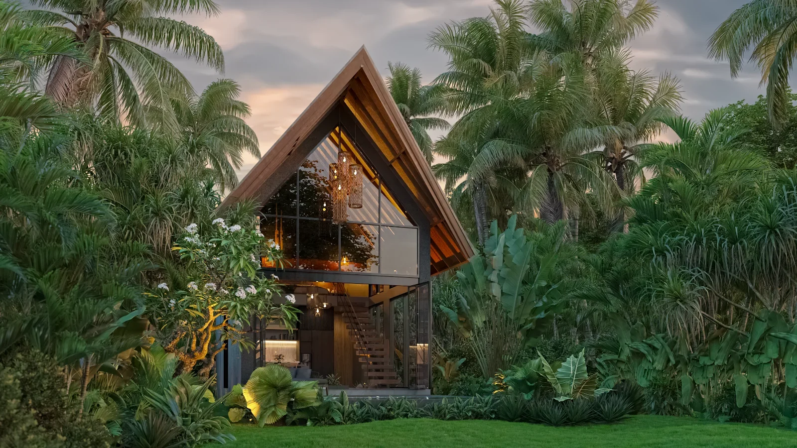A modern glass house with a steep roof, surrounded by lush tropical plants and trees at dusk.