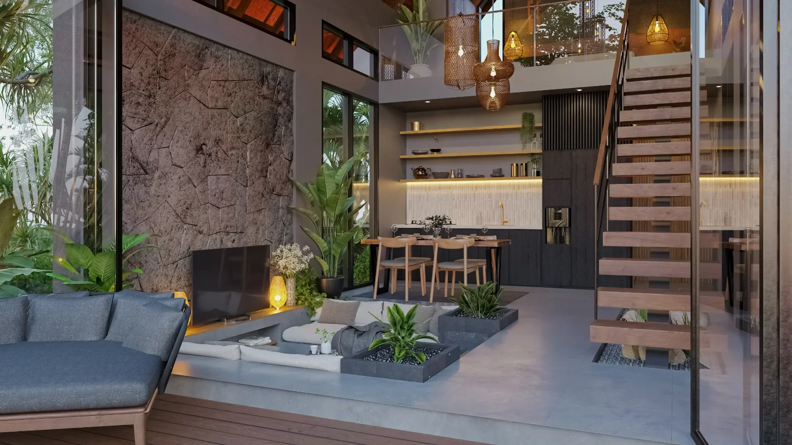 Modern living space with a stone accent wall, large windows, and a staircase with wooden steps. Includes a sitting area with a sofa, plants, a TV, and a dining area with a table and chairs. Open kitchen with shelves and warm lighting.