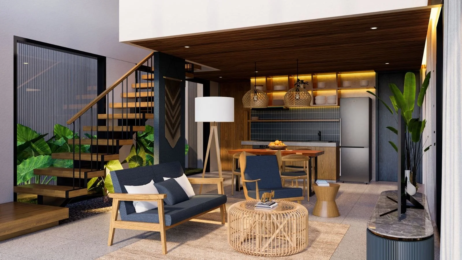 Modern open-concept living area with blue and wooden furniture, cozy decor, and a kitchen in the background.
