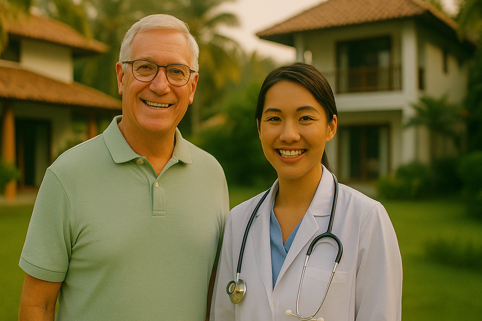 A male patient and a female healthcare professional with a stethoscope standing outdoors in front of a house with a garden, smiling at the camera.