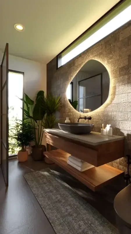 Modern bathroom with a large round backlit mirror, stone wall, vessel sink, wooden vanity with open shelves, potted plants, and a window with natural light.