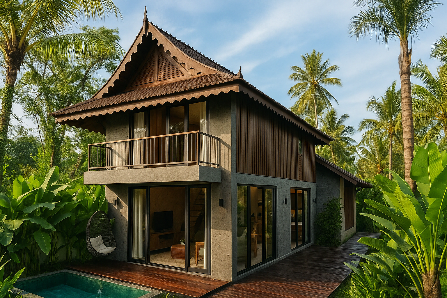 Modern two-story house with large glass sliding doors, wooden accents, a balcony, and a small pool, surrounded by lush tropical plants and tall palm trees under a clear blue sky.