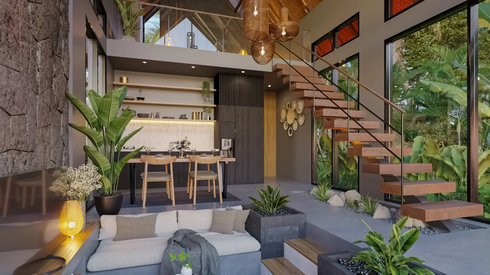 Modern living room with a high ceiling, large windows showing greenery outside, a white couch with gray pillows, a wooden staircase, tall indoor plants, and a dining area in the background.