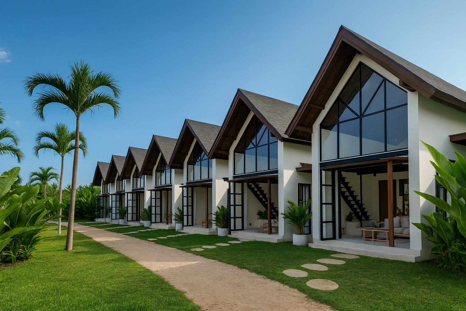Set of modern beachfront villas with large glass windows, surrounded by green grass, palm trees, and tropical plants, under a clear blue sky.