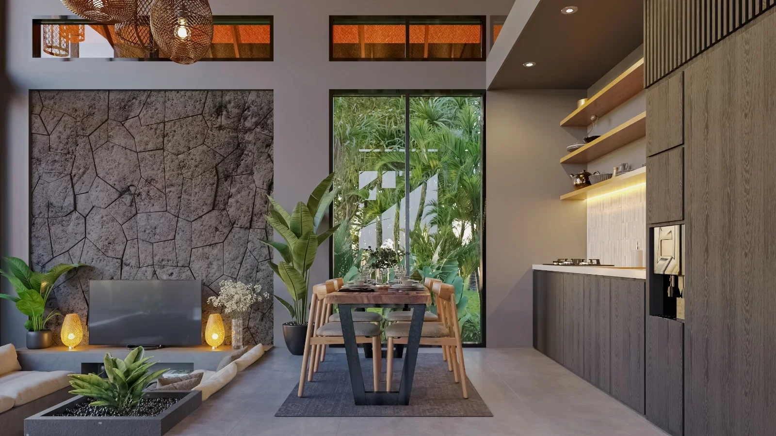 Modern living room and dining area with large window, potted plants, and a kitchen with open shelves