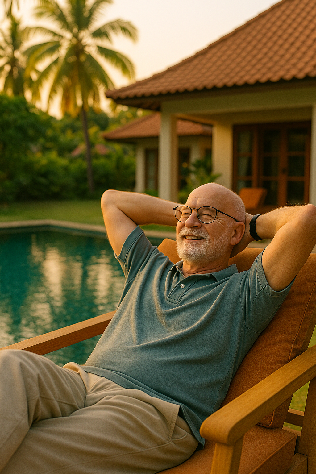 An elderly man with glasses and a beard relaxing on a lounge chair near a pool at sunset, with a house, palm trees, and lush greenery in the background.