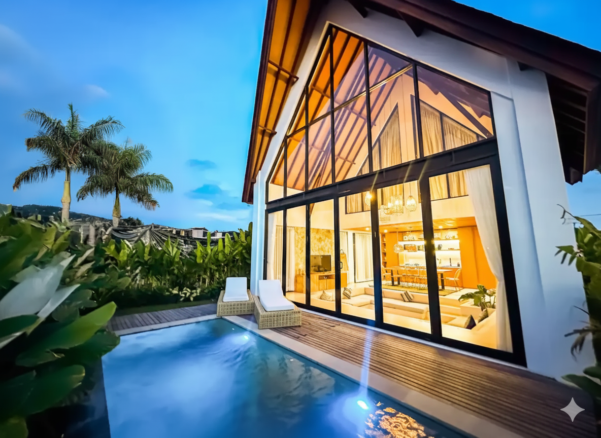 Modern house with large glass windows, a small swimming pool, and outdoor lounge chairs surrounded by green plants at dusk.