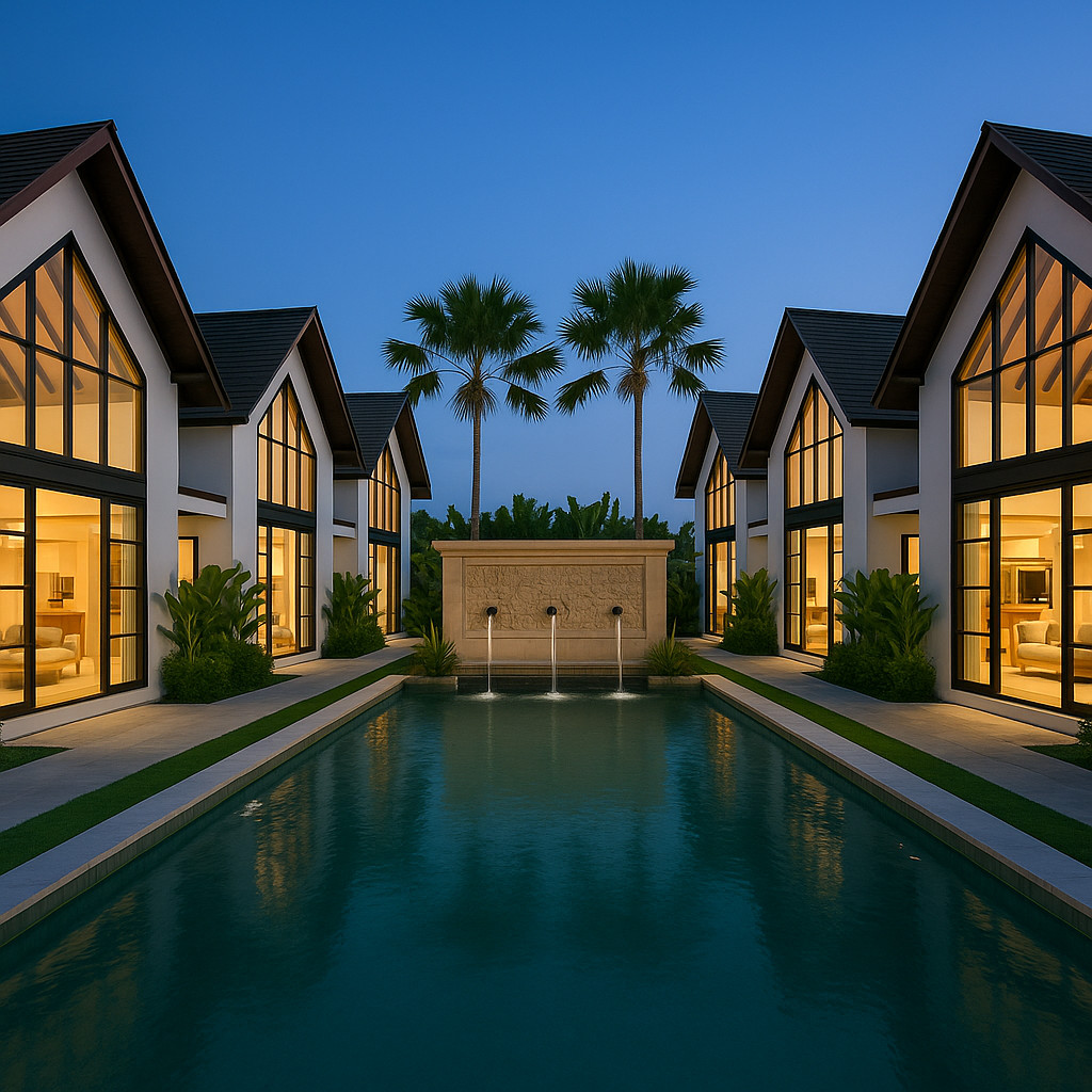 Luxury modern buildings with large glass windows and a swimming pool in between, illuminated from inside during dusk, with palm trees in the background.