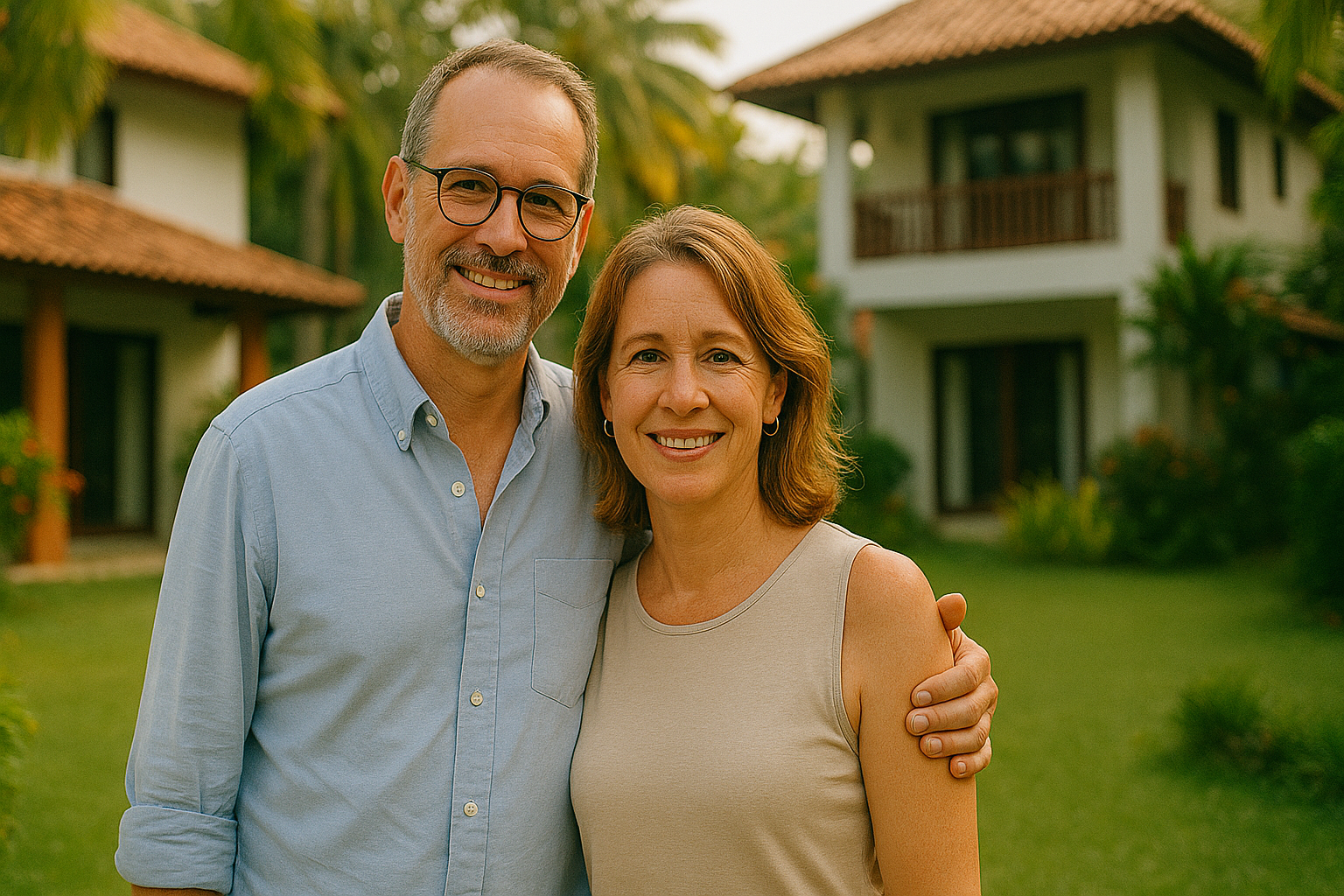 A smiling middle-aged couple standing outside in front of a house with a red-tile roof, surrounded by greenery.