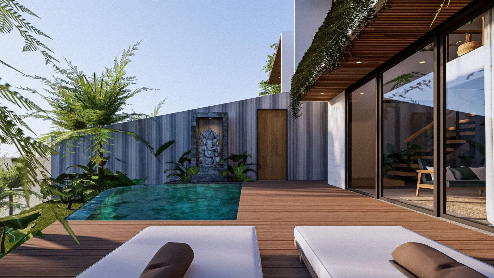 Modern backyard with a swimming pool, wooden deck, lounge chairs with pillows, tropical plants, and large glass doors leading indoors.