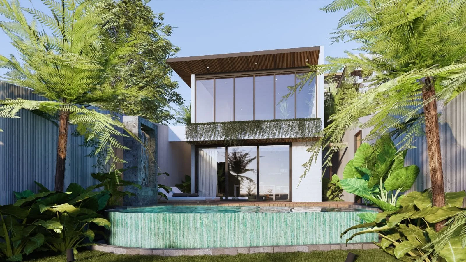 Modern two-story house with large glass windows, a swimming pool in the foreground, surrounded by lush green plants and trees.