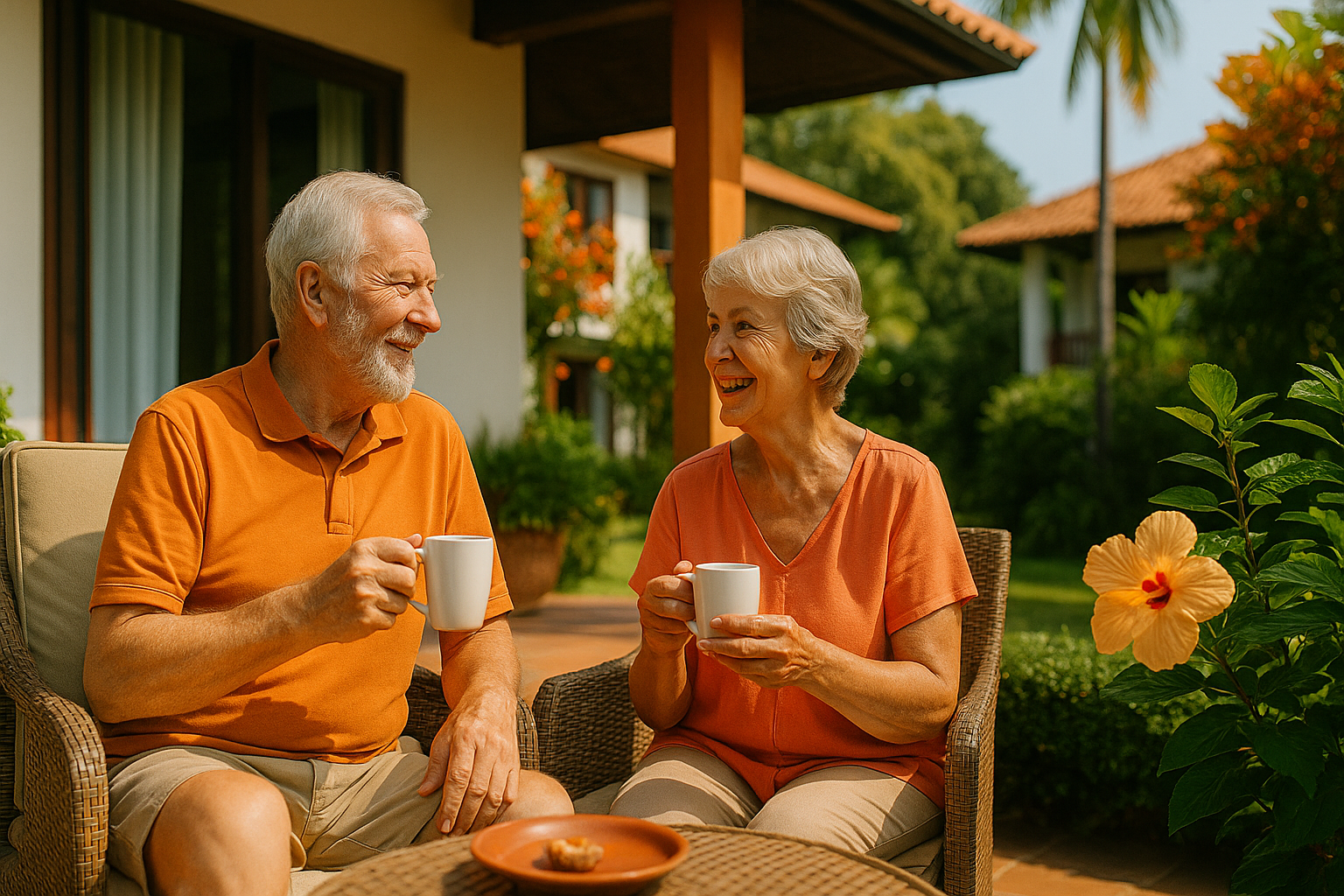 An elderly couple sits outdoors on a porch, holding white mugs and talking happily. The man has a beard and is wearing an orange polo shirt; the woman has short gray hair and is wearing an orange top. There are plants and flowers around them, with a house in the background.