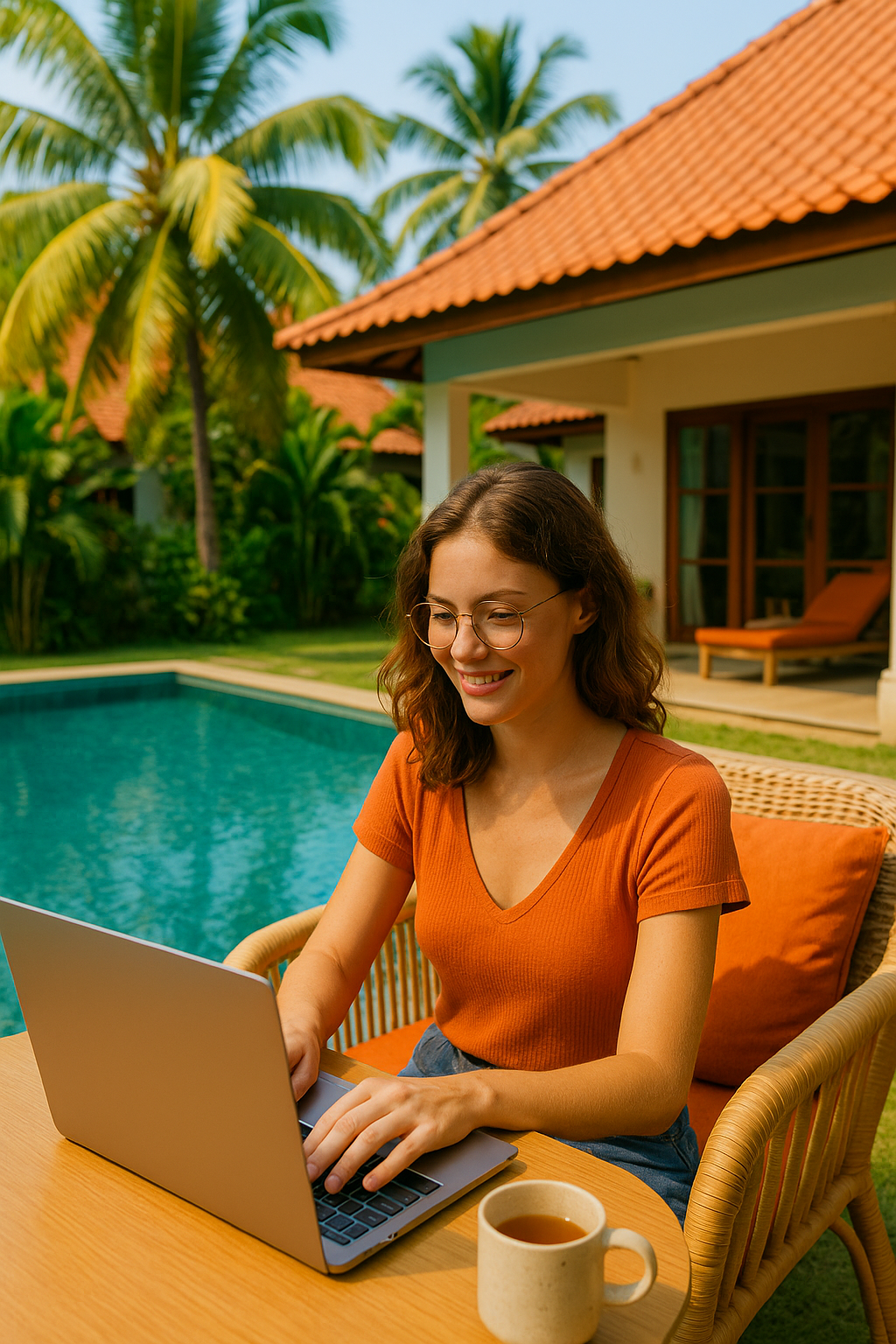 Woman in orange shirt working on a laptop by a pool in a tropical backyard with palm trees.