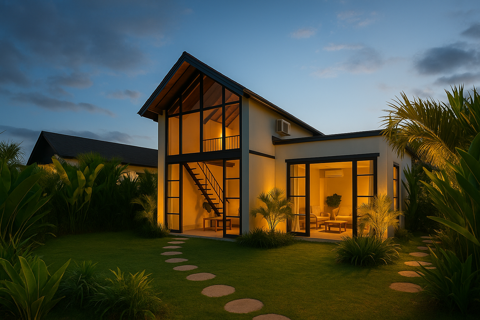 A modern two-story house with large glass windows, illuminated from within, surrounded by lush greenery and a stone pathway at dusk.