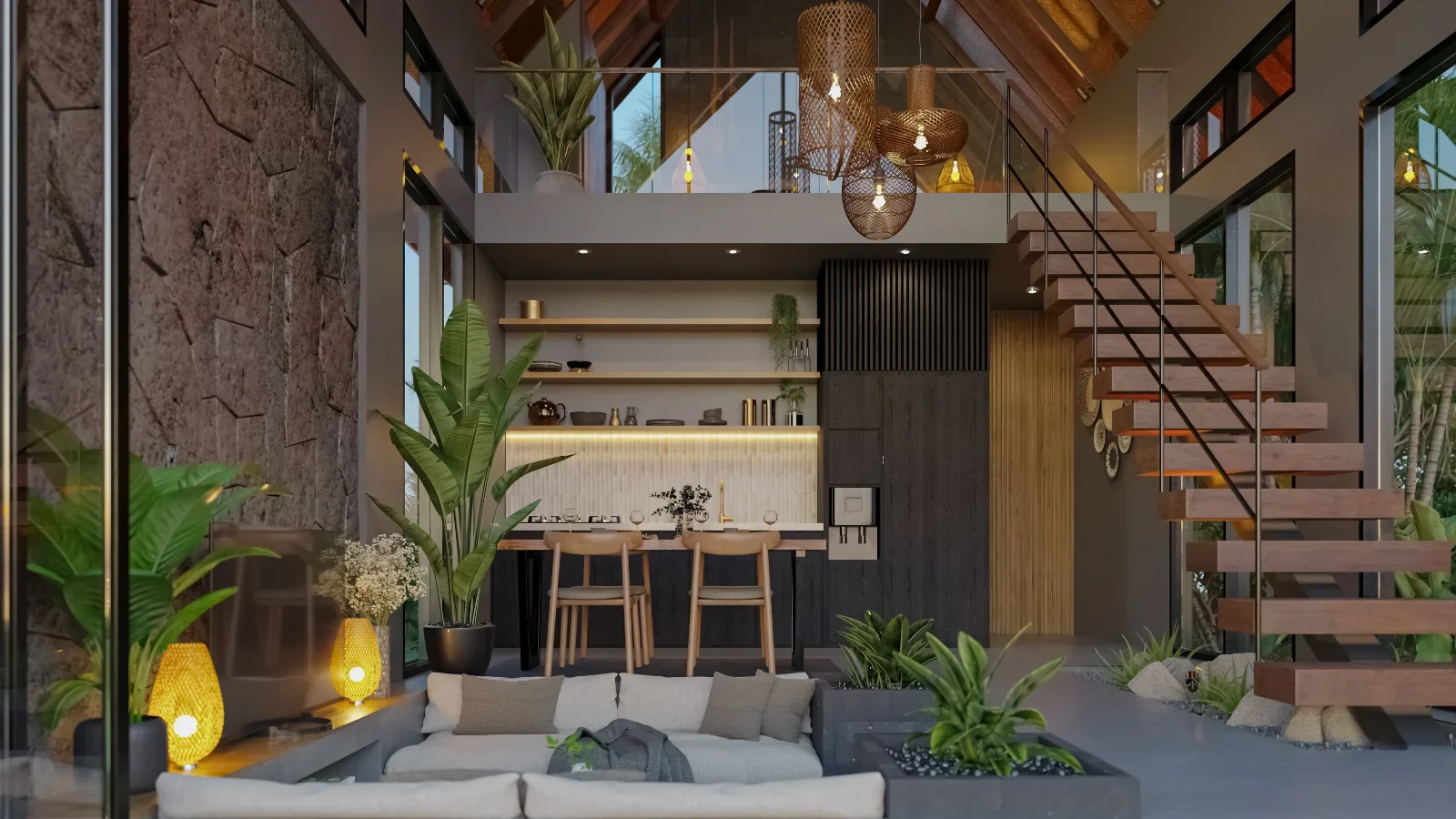 Open-concept modern interior with a living room, kitchen, and staircase, decorated with lots of green plants, warm lighting, and wooden accents.