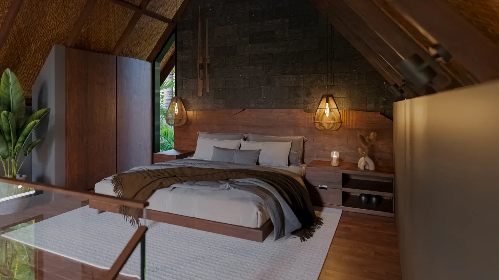 A modern bedroom with a sloped wooden ceiling, featuring a large bed with white and gray pillows and a brown blanket, two hanging pendant lights, a wooden nightstand with a candle and decorative sculpture, and a large green plant near a window with v