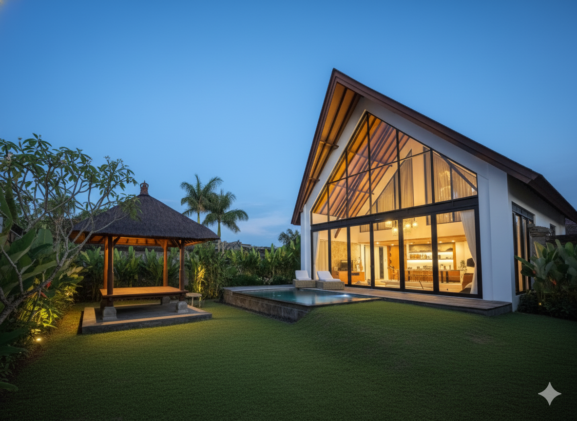 A modern house with large glass windows at dusk, featuring a small pool in the backyard, a gazebo, and lush tropical landscaping.