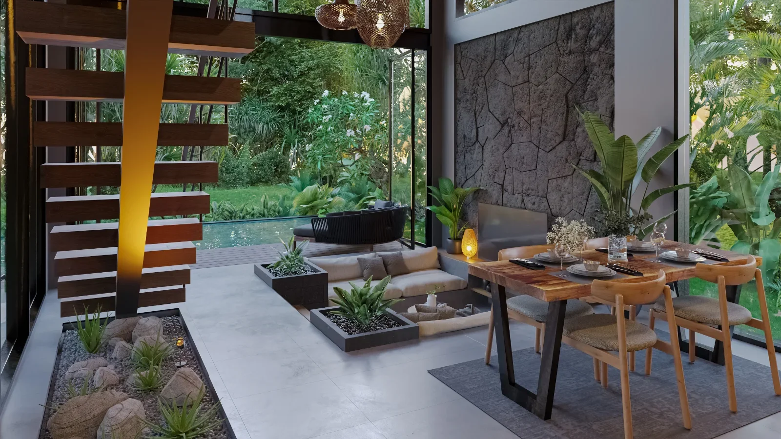 Modern indoor dining and living space with large glass windows, overlooking a lush green garden, with a wooden dining table set for four and a cozy seating area with plants and decorative lighting.