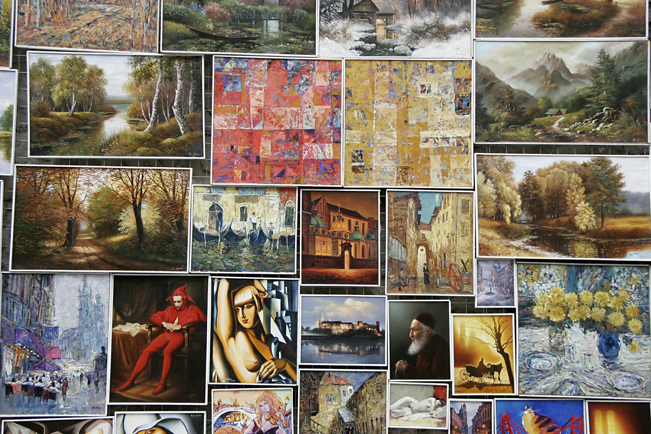 A collage of various paintings depicting nature scenes, cityscapes, abstract art, and portraits.
