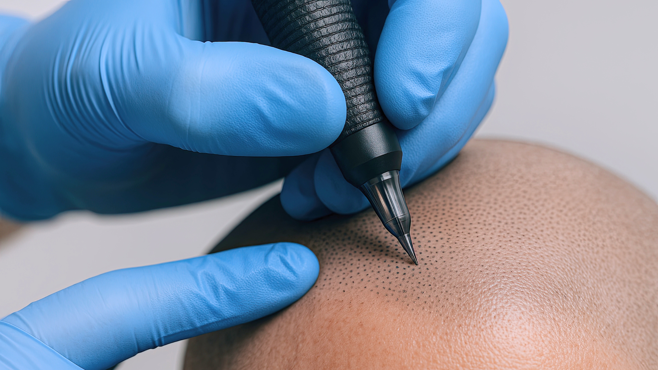 Scalp micropigmentation treatment in progress at Toronto Scalp Micropigmentation Studio, showing precise SMP pigment application for natural hair density.